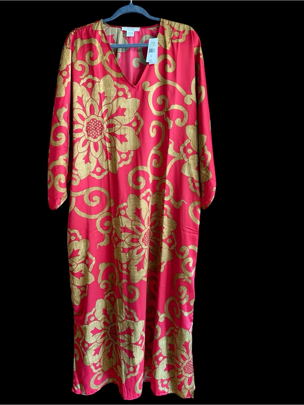Natori Private Luxuries Red and Gold Floral Print Kaftan